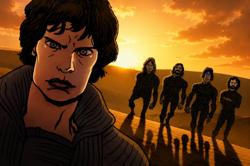 Fotograma animado al estilo cómic que muestra a Paul Atreides en primer plano con la mirada seria y a cuatro guerreros Fremen caminando detrás de él sobre las dunas del desierto al atardecer, perteneciente al documental Jodorowsky's Dune.
