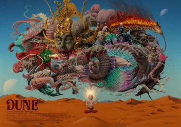 Póster ilustrado de la película no realizada Dune de Alejandro Jodorowsky creado por el artista argentino Hugo Emmanuel Figueroa, mostrando un estilo psicodélico con los rostros de Salvador Dalí y Orson Welles sobre dunas del desierto.