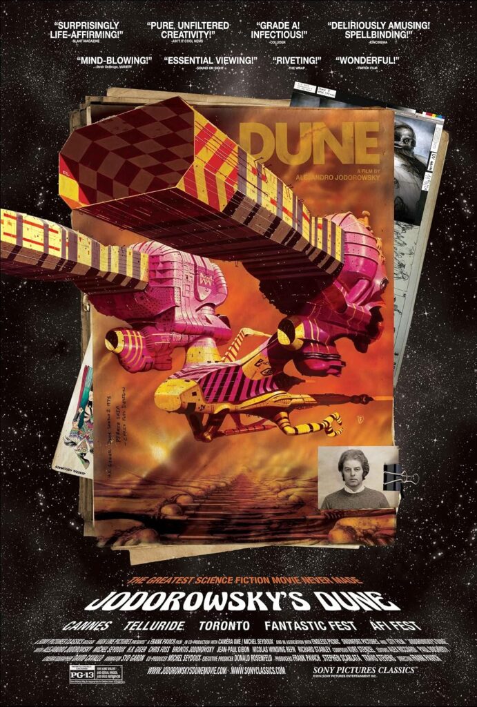 Póster cinematográfico oficial del documental Jodorowsky's Dune de Sony Pictures Classics, mostrando el gran libro de preproducción abierto con la ilustración de una nave espacial psicodélica de Chris Foss y críticas de prensa sobre un fondo estelar.