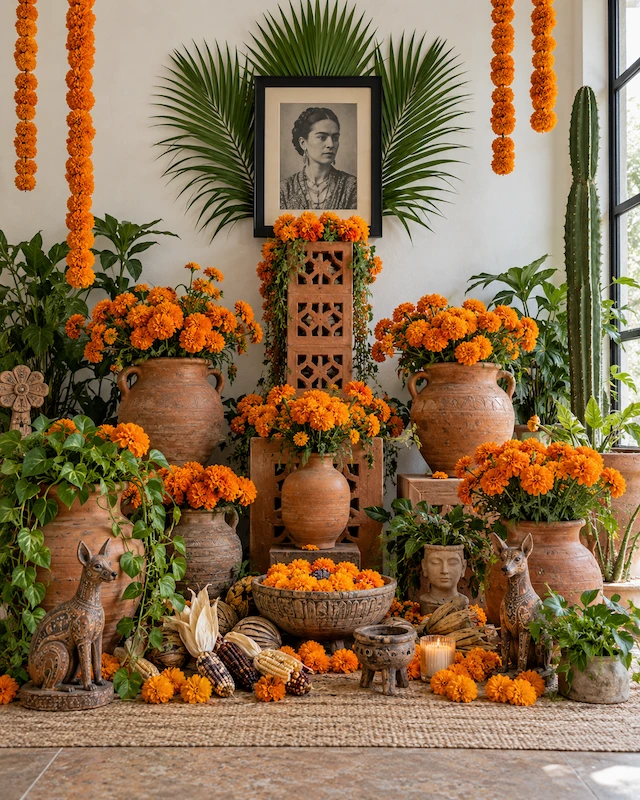 Altar de muertos con retrato de una mujer, flores anaranjadas, velas encendidas, frutas, piezas de barro y figuras de perros.