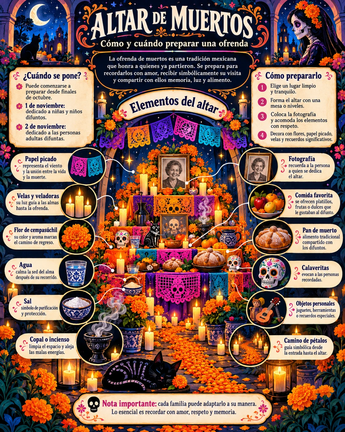 Guía ilustrada sobre cómo y cuándo poner un altar de muertos, con fechas, pasos de preparación y significado de sus elementos.