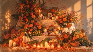 Cómo poner un altar de muertos: elementos, niveles y significado de la ofrenda Altar de muertos con flores anaranjadas, velas encendidas, calaveritas, retratos enmarcados, pan de muerto y frutas.