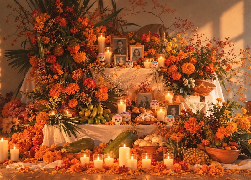 Altar de muertos con flores anaranjadas, velas encendidas, calaveritas, retratos enmarcados, pan de muerto y frutas.