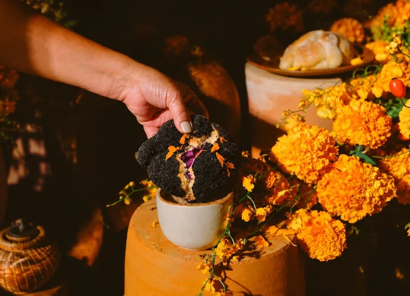 Una mano sostiene un pan de muerto de cubierta negra sobre una taza, rodeado de flores de cempasúchil.