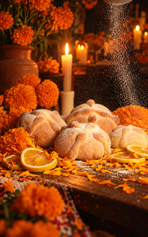 Panes de muerto cubiertos de azúcar entre flores de cempasúchil, rodajas de naranja y una vela, mientras cae azúcar.