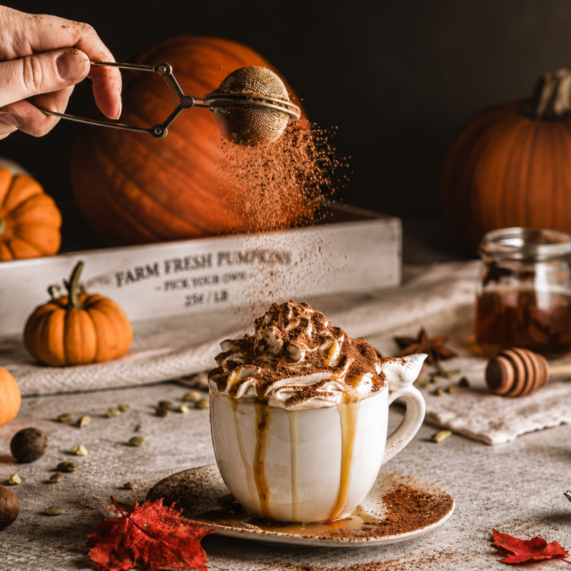 Una taza de café con leche sobre una mesa de madera rústica, decorada con espuma, una pizca de canela y hojas de otoño alrededor, ilustrando la receta de Pumpkin Spice Latte