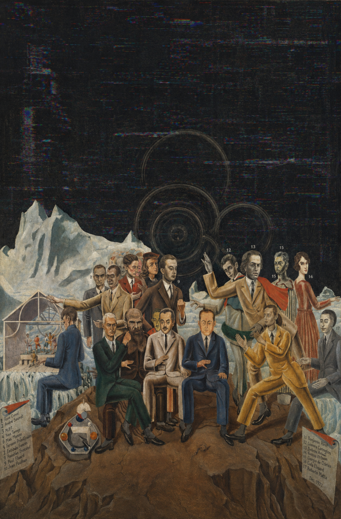 Pintura surrealista Au rendez-vous des amis de Max Ernst que muestra a poetas del surrealismo como André Breton y Paul Éluard posando sobre montañas nevadas en un cielo oscuro.