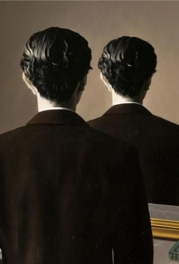 Pintura surrealista La reproduccion prohibida de Rene Magritte que muestra a un hombre de espaldas frente a un espejo que refleja su misma espalda.