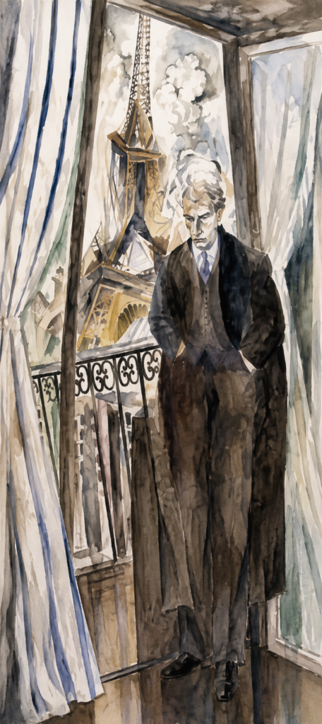 Pintura Portrait of Philippe Soupault de Robert Delaunay que muestra al poeta francés asomado a un balcón con la Torre Eiffel de fondo.