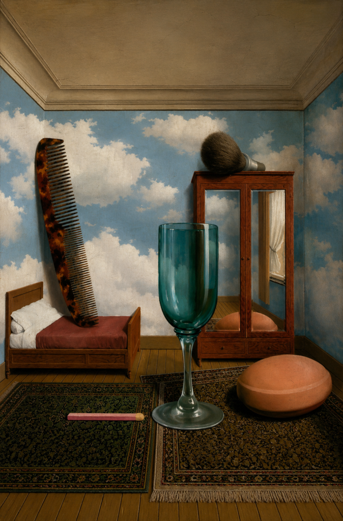 Pintura surrealista Los valores personales de Rene Magritte que muestra una habitacion con paredes de cielo nublado y objetos cotidianos gigantes.