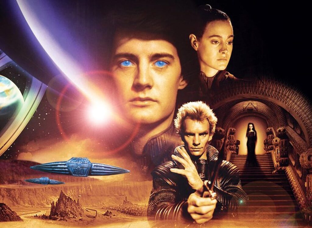 Póster promocional de la película Dune de 1984 dirigida por David Lynch, mostrando a Kyle MacLachlan como Paul Atreides con ojos azules brillantes, Sting como Feyd-Rautha sosteniendo un cuchillo, y naves espaciales sobre el desierto de Arrakis filmado en México.