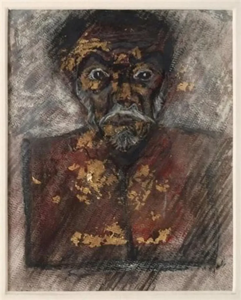 Autorretrato LX de Francisco Toledo elaborado con pastel y hoja de oro sobre papel.
