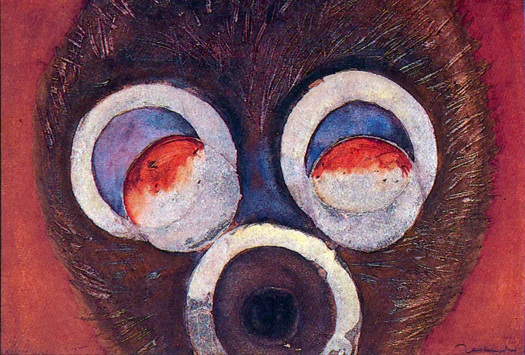 Obra pictórica Chango I de Francisco Toledo mostrando un rostro de mono en primer plano con grandes ojos concéntricos.
