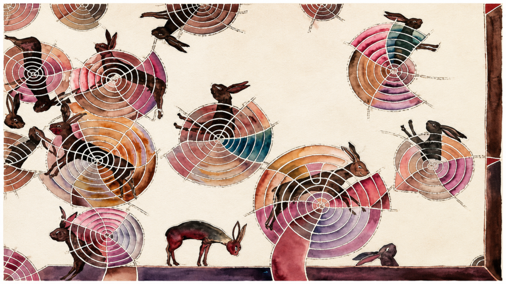 Pintura original Conejos con telarañas del artista oaxaqueño Francisco Toledo sobre papel con patrones geométricos concéntricos.