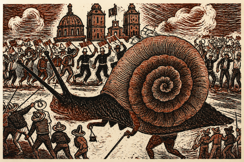 Xilografía Doña Caracola llega tarde al palacio de Francisco Toledo representando un caracol gigante irrumpiendo en un desfile frente a una catedral.