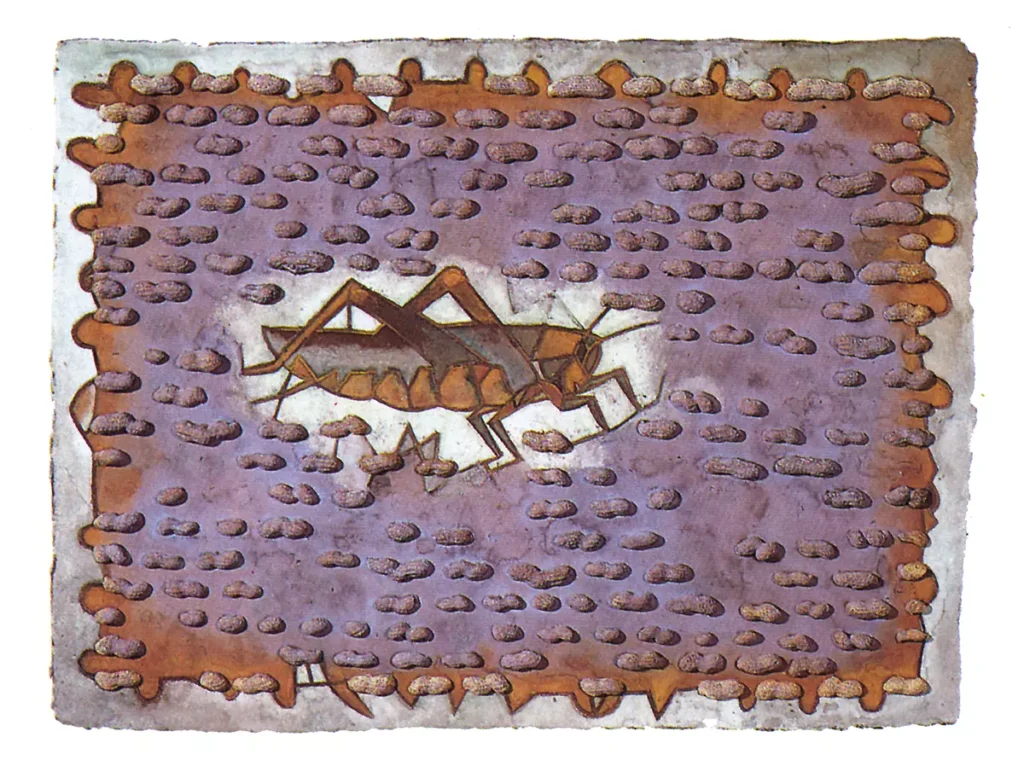 Obra pictórica Encacahuatado I de Francisco Toledo mostrando un chapulín rodeado de patrones de cacahuates en técnica mixta sobre papel.