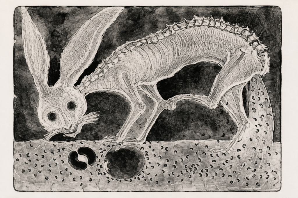 Grabado original en blanco y negro del artista oaxaqueño Francisco Toledo representando la fábula prehispánica del conejo y el coyote.