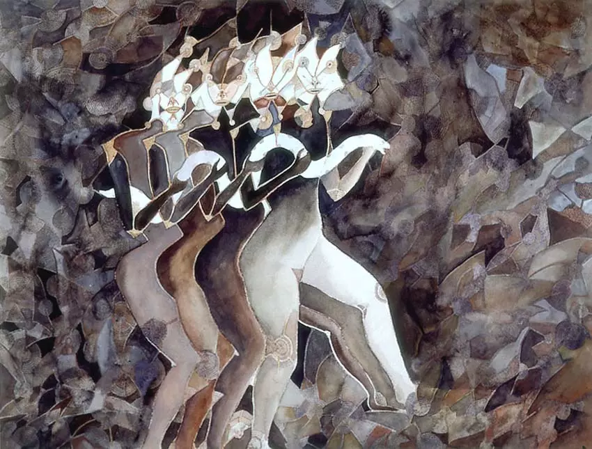 Pintura surrealista Into the Night de Francisco Toledo mostrando tres figuras humanas danzando con máscaras y texturas abstractas.