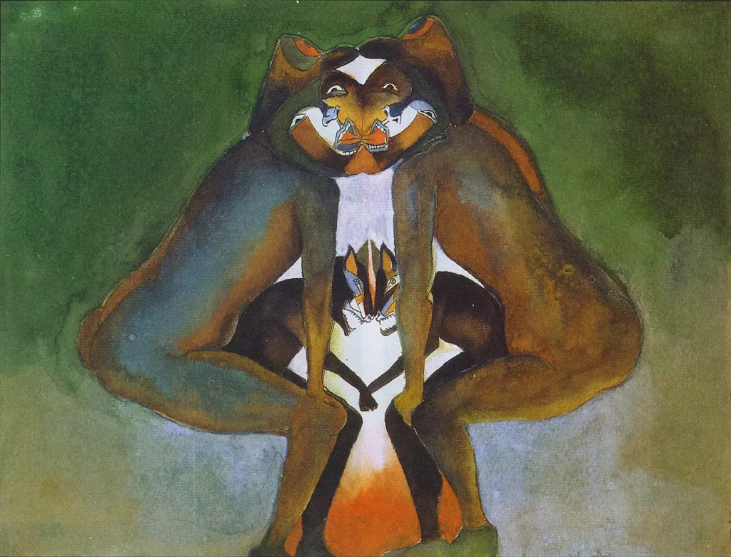 Obra pictórica de Francisco Toledo en tonos ocre y fondo verde que representa una pareja de coyotes mitológicos entrelazados.