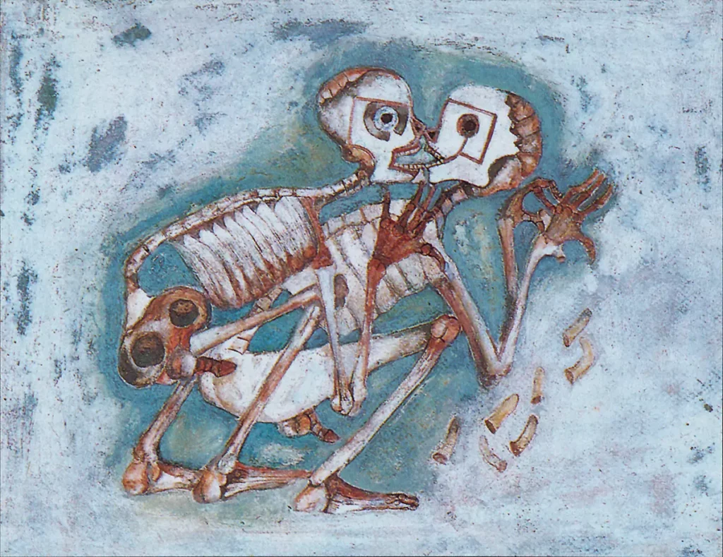 Obra pictórica original de Francisco Toledo que representa dos esqueletos humanos besándose y entrelazados en tonos pálidos y fondo azul texturizado.