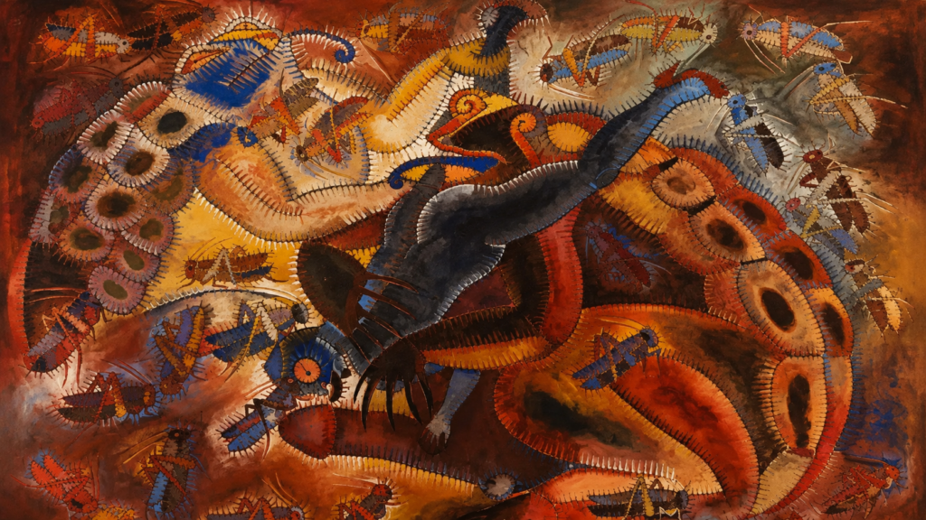 Obra pictórica surrealista Tamazul del artista plástico Francisco Toledo que representa un sapo rodeado de chapulines en tonos tierra.