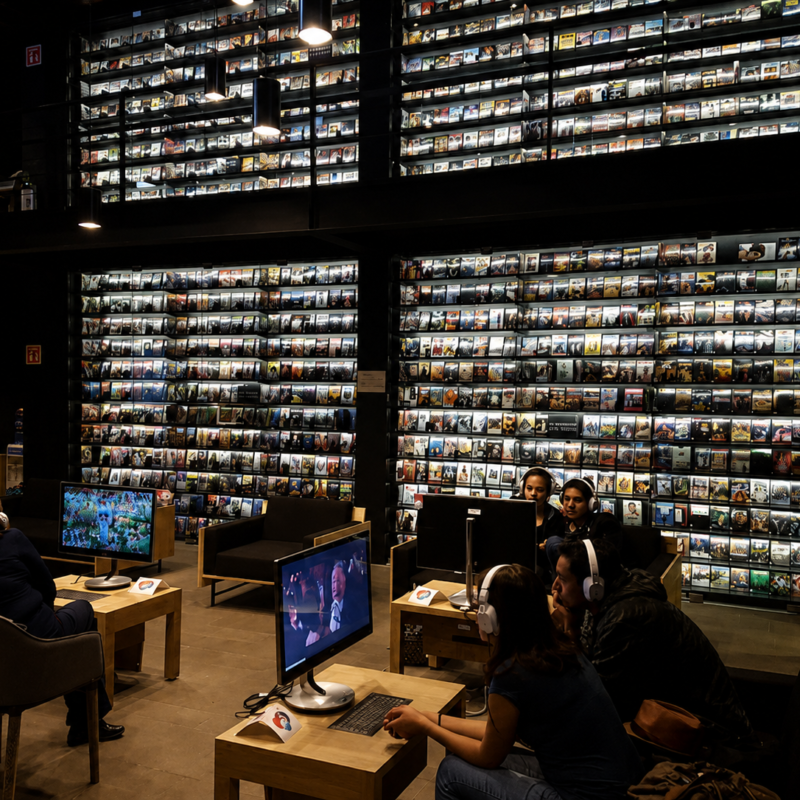 Usuarios sentados frente a computadoras de consulta en el interior de la Videoteca Digital Carlos Monsiváis de la Cineteca Nacional de México, con enormes estanterías repletas de películas en formato físico de fondo.
