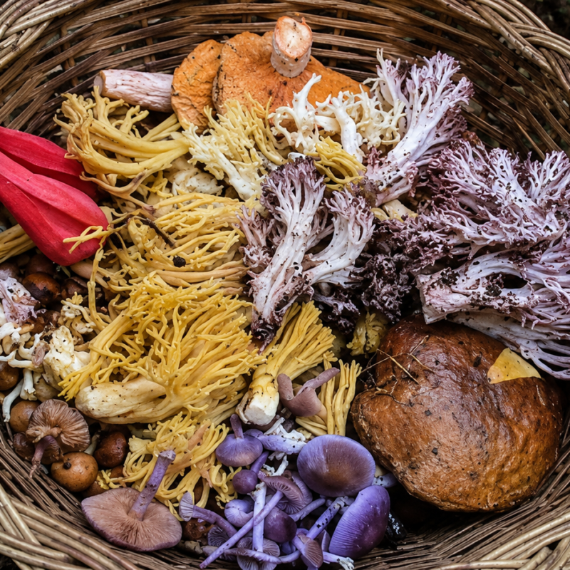 Canasta de mimbre con hongos silvestres comestibles recolectados en México, incluyendo Ramaria flava, changles y especies de bosque húmedo para micoturismo.