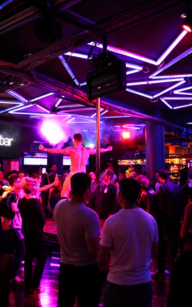 Un go-go dancer bailando sin camisa junto a un tubo en el escenario principal del emblemático antro gay Boy Bar en la Zona Rosa de la Ciudad de México, rodeado por clientes que disfrutan de la música bajo un techo iluminado con un diseño geométrico de luces de neón moradas y rosas.