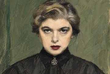 Los mejores libros de Mariana Enríquez: La maestra del horror gótico Latinoamericano Retrato ilustrado de Mariana Enríquez con ropa negra, labios rojos y un colgante de pentagrama sobre fondo verde.