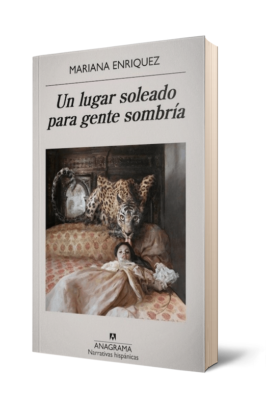 Libro Un lugar soleado para gente sombría, de Mariana Enriquez, con cubierta gris y una mujer recostada junto a un felino.