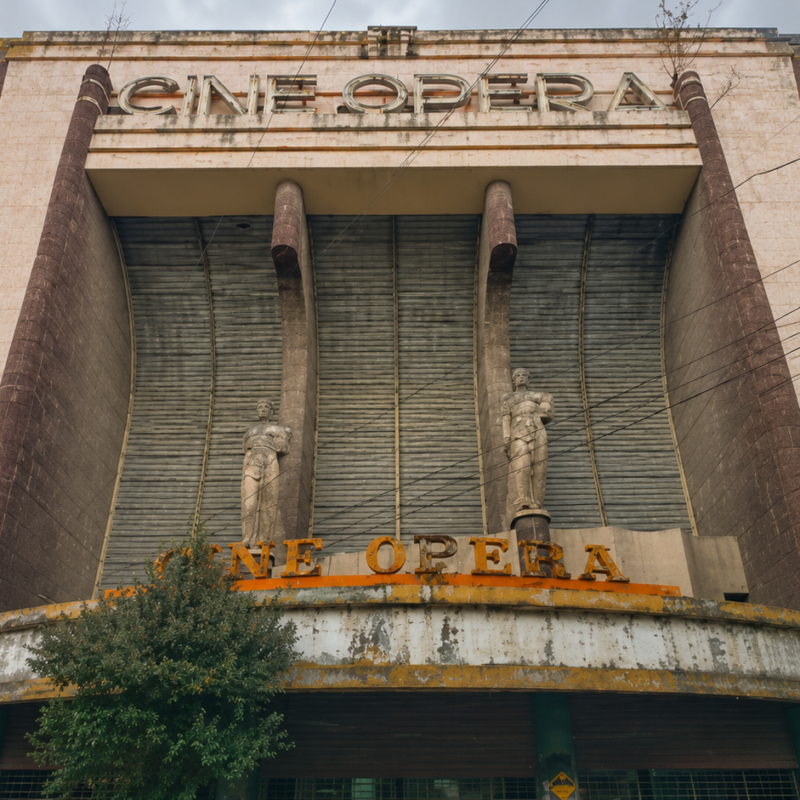 Fachada abandonada de estilo Art Déco del antiguo Cine Ópera en la colonia San Rafael de la Ciudad de México con dos grandes estatuas de piedra en la entrada, bajo un cielo nublado.