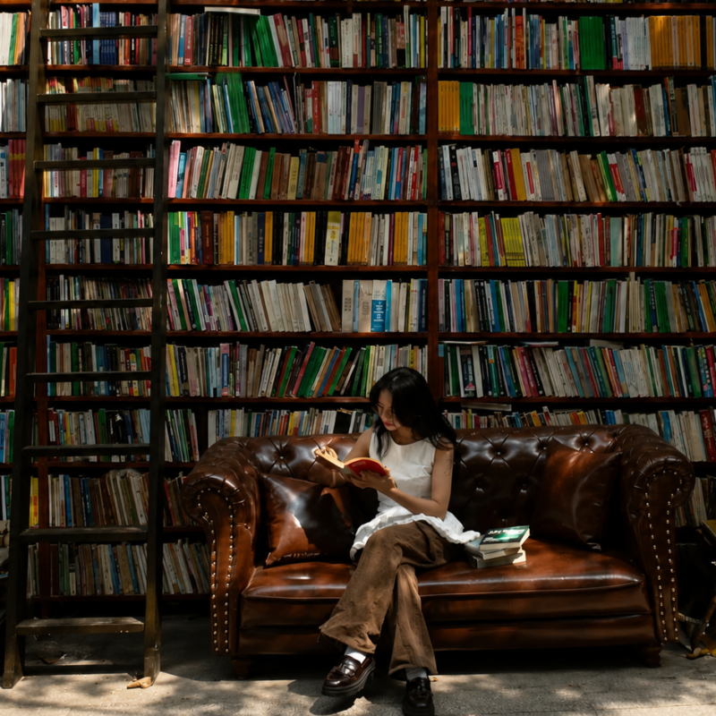 Una mujer joven lee un libro sentada en un sillón de piel marrón frente a una enorme estantería repleta de libros en una librería económica de viejo.