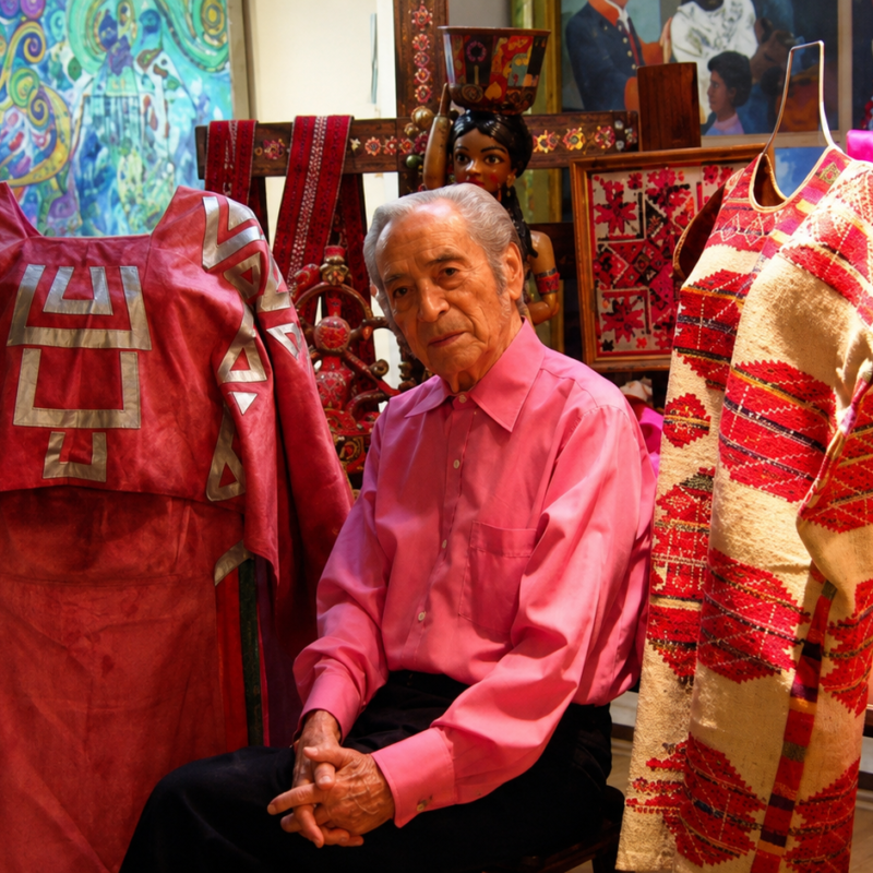 Ramón Valdiosera, creador del rosa mexicano, posa con una camisa color rosa vibrante junto a sus icónicos vestidos tradicionales de la marca Maya de México.