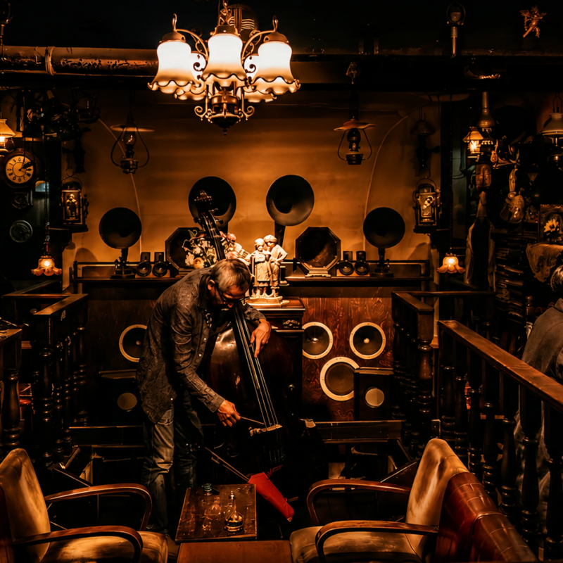 Músicos de jazz tocando el contrabajo y el piano en el escenario de Violon, un tradicional café de vinilos y jazz kissaten