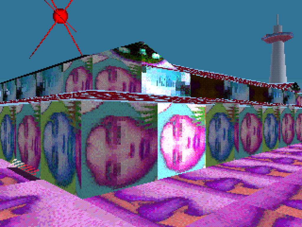 Sección Kyoto en LSD: Dream Emulator para la consola PlayStation, que muestra una estructura arquitectónica cubierta con texturas repetidas de rostros femeninos de color rosa y morado, con la Kyoto Tower al fondo.
