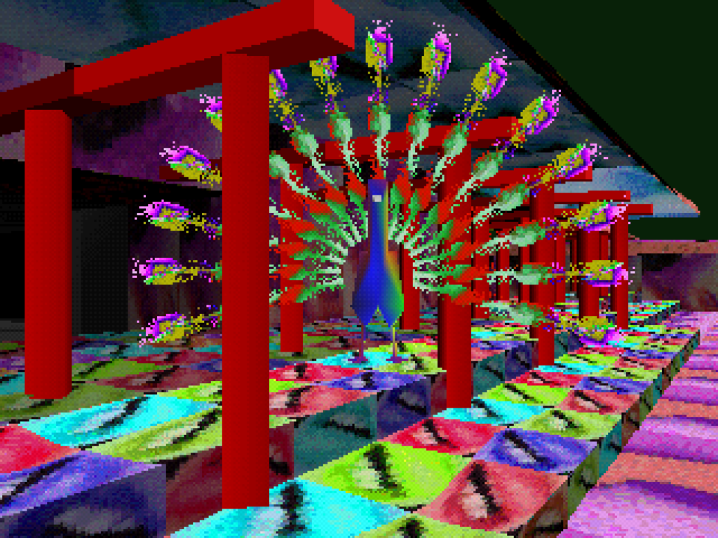 Captura de pantalla original del escenario Kyoto en LSD: Dream Emulator para PlayStation, mostrando un pavo real con plumas de colores brillantes rodeado de estructuras rojas similares a puertas torii.