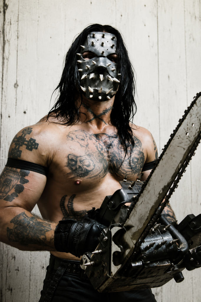 El músico Edwin Borsheim con máscara de picos, tatuajes en el torso y una motosierra durante la época de la banda Kettle Cadaver.