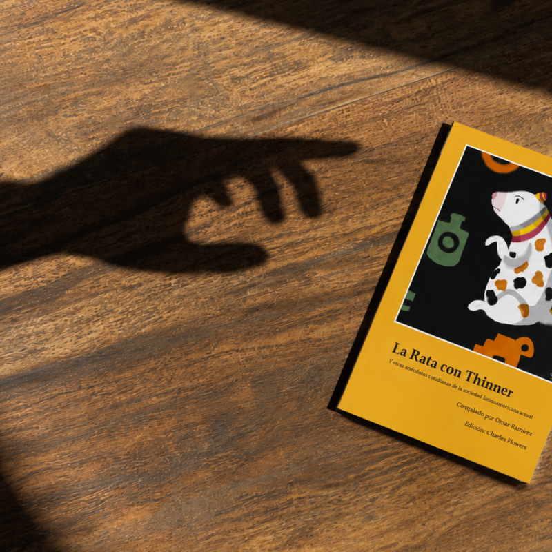 Edición física del libro La Rata con Thinner y otras anécdotas cotidianas de la sociedad latinoamericana sobre una mesa de madera con una sombra de mano.