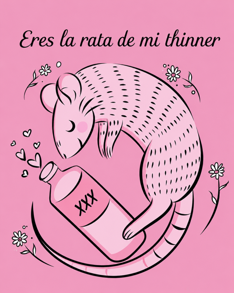 Ilustración romántica color rosa estilo meme con una rata abrazando una botella de solvente y la frase Eres la rata de mi thinner.
