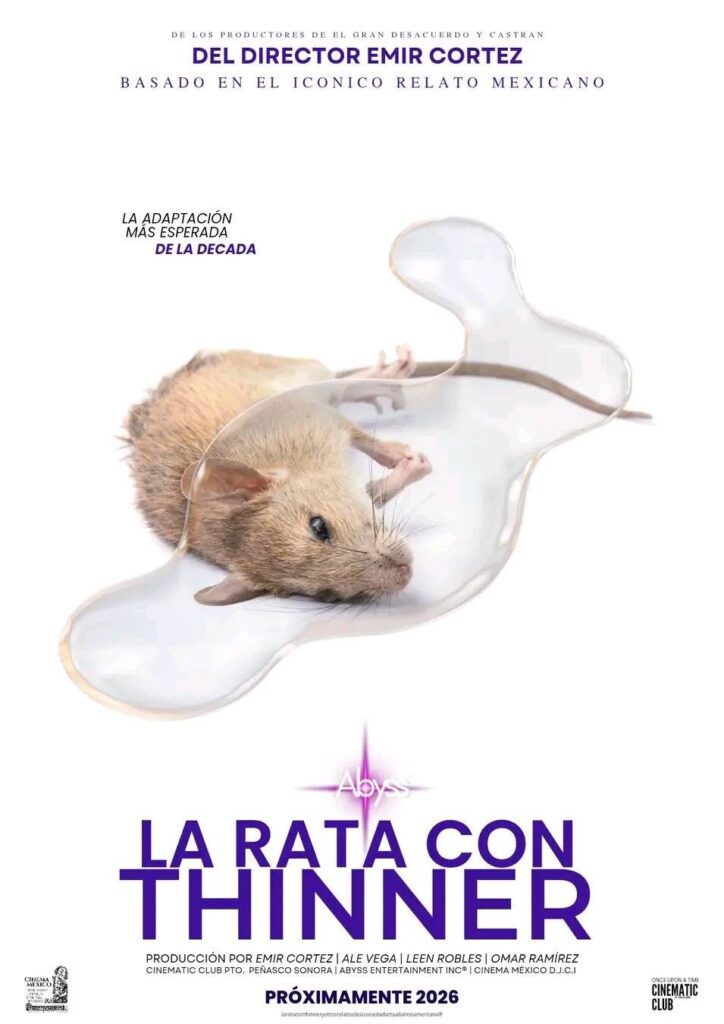 Póster oficial con fondo blanco del cortometraje mexicano La Rata con Thinner dirigido por Emir Cortez y producido por Abyss Entertainment para dos mil veintiséis.