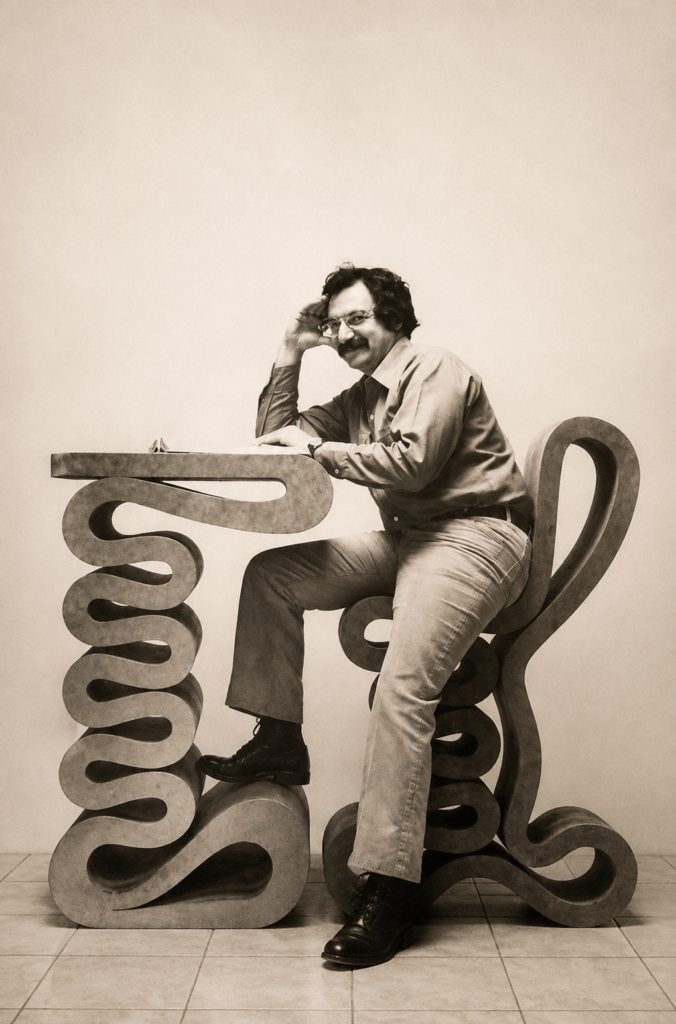 Retrato histórico en blanco y negro del arquitecto Frank Gehry en 1972, sentado en la silla Contour y apoyado sobre el escritorio ondulado de su revolucionaria colección de muebles de cartón corrugado Easy Edges, desafiando las líneas ortogonales rígidas.