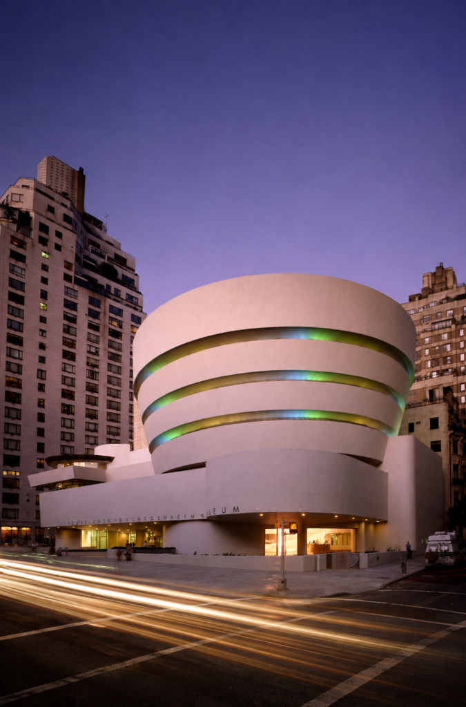 Vista exterior nocturna del Museo Solomon R. Guggenheim en Nueva York, obra maestra de Frank Lloyd Wright con luces de colores y estelas de tráfico, sede de la gran exposición histórica de Frank Gehry.