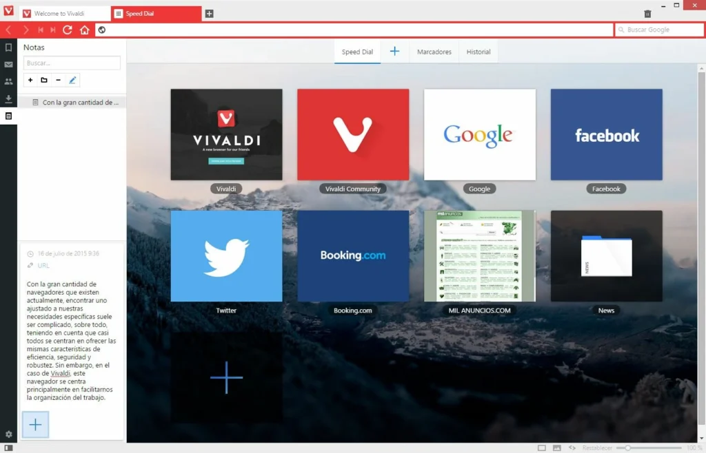 Vista del inicio del Navegador libre Vivaldi.
Navegadores para streaming sin anuncios