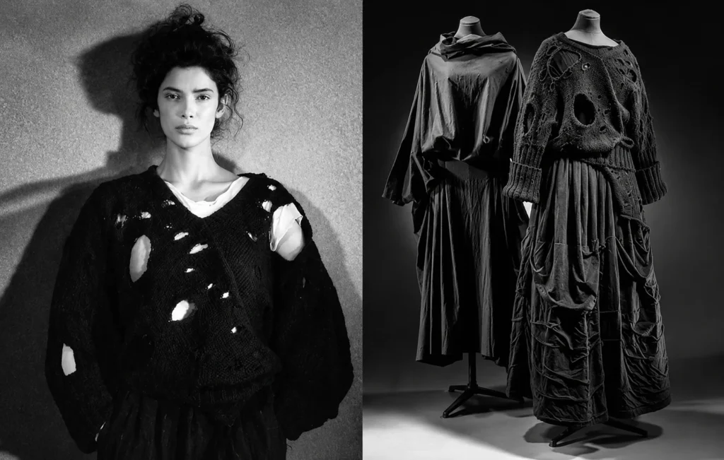 Suéter oversize de lana 100% de la colección Comme des Garçons Homme, circa 1982. Esta pieza de archivo presenta un diseño deconstruido característico de Rei Kawakubo, con orificios intencionales creados mediante la manipulación técnica de maquinaria de tejido. El diseño incluye cuello en V, tejido de galga gruesa y bordes acanalados, representando el inicio del menswear vanguardista de la diseñadora antes de la transición a la etiqueta Homme Plus.