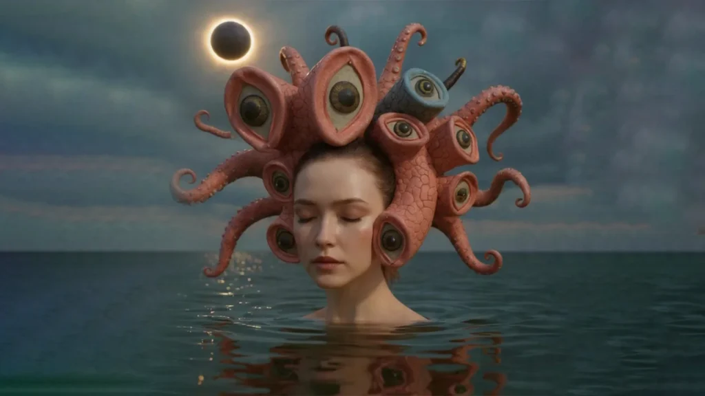 Obra visual de Luinoj creada con inteligencia artificial, mostrando elementos de la fauna de Sonora como venados y cactus en un entorno psicodélico.