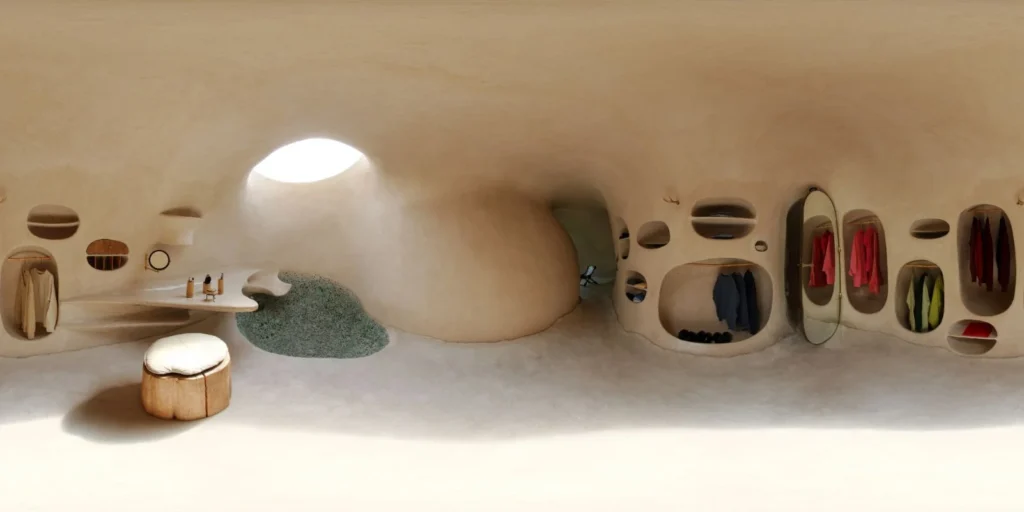 Vista interior de la Casa Orgánica de Javier Senosiain mostrando la continuidad espacial de muros curvos y la iluminación natural cenital.