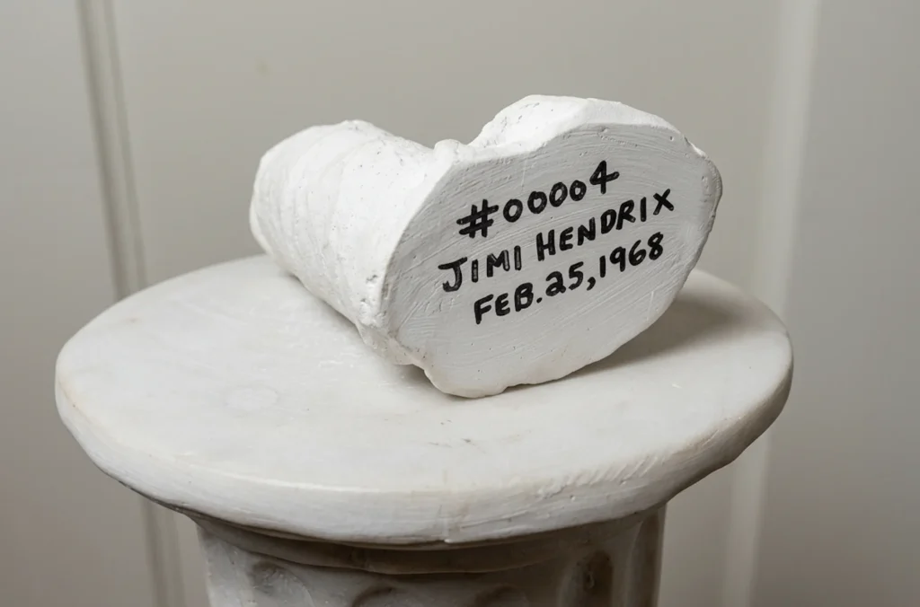 Fotografía documental del molde de yeso #00004 de Jimi Hendrix, realizado por Cynthia Plaster Caster en 1968, exhibido sobre una columna de mármol.