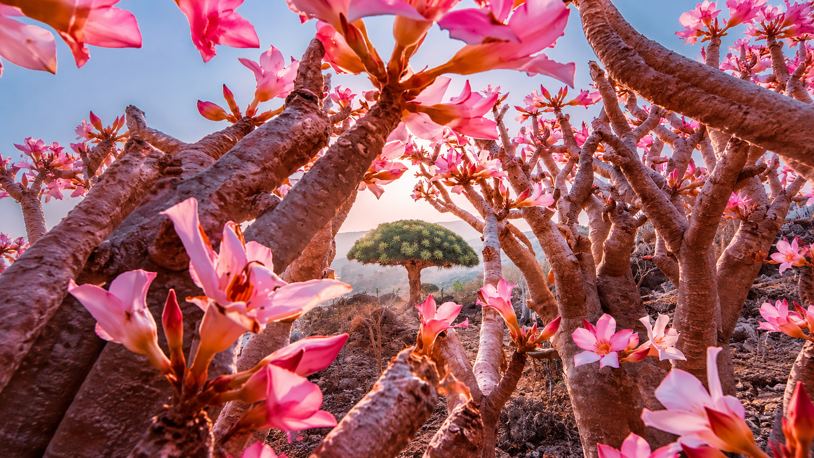Primer plano de flores rosas de la rosa del desierto de Socotra enmarcando un árbol de sangre de dragón al fondo.