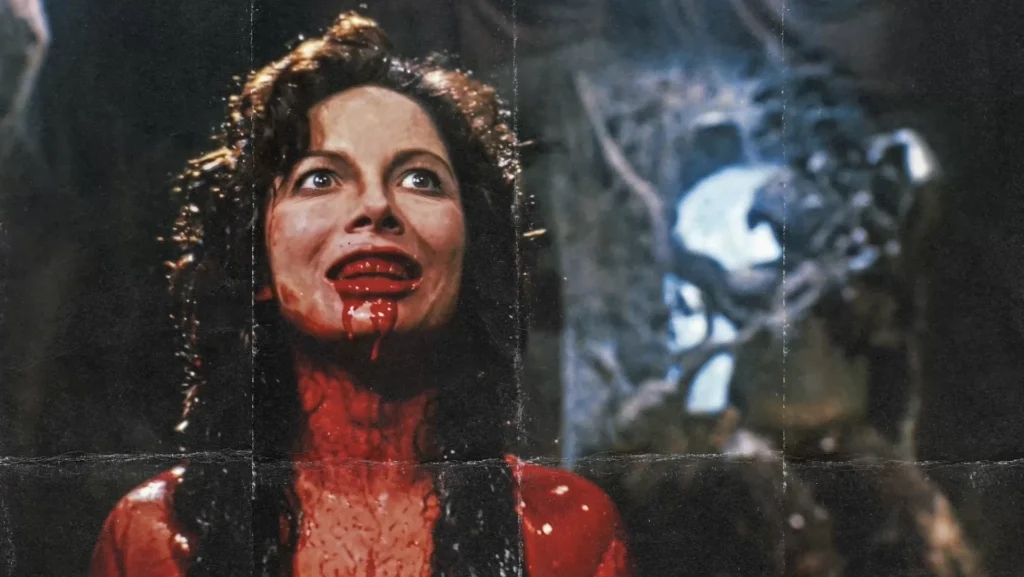 Escena dramática de película de terror mexicana clásica con iluminación expresionista