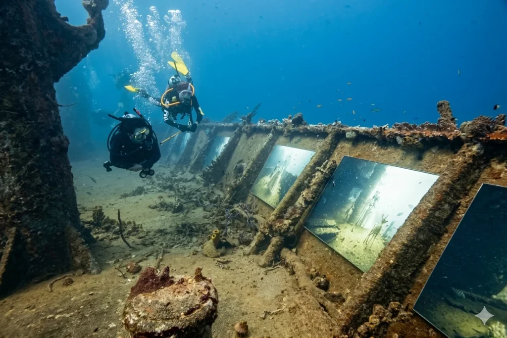 Dos buzos explorando una exhibición de arte artificial , ilustrando cómo el turismo submarino de lujo gentrifica el fondo marino y altera el ecosistema bentónico.